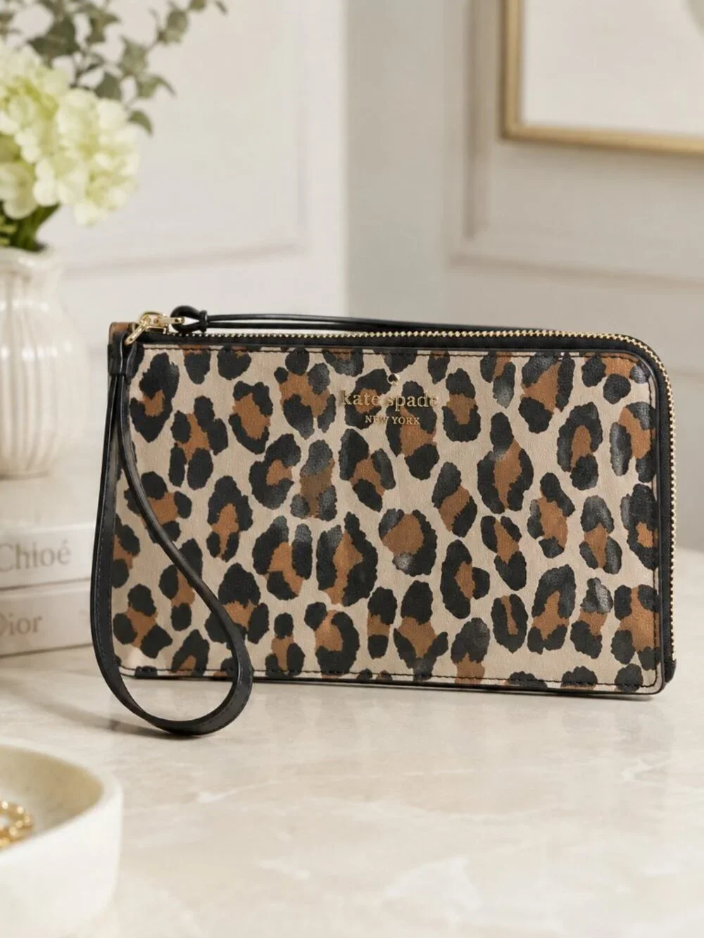 Kate Spade Lucy Medium L-Zip Wristlet Leopard Saffiano Leather NWT